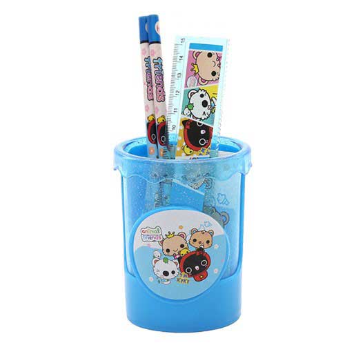 Blue Animals Stationery set come packed with 2 pencils, 1 pencil sharpener, 1 ruler, 1 notebook, 1 erase and 1 pencil holder