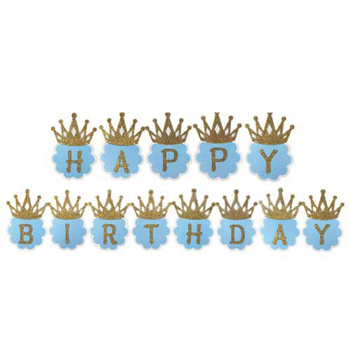 Blue Glitter Crown Happy Birthday Banner