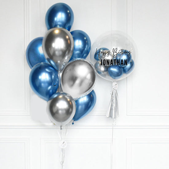 Customised Bubble with a lovely bunch of chrome balloon bouquet.