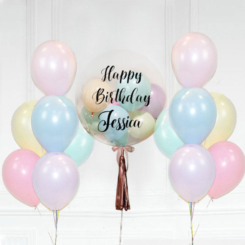 Customised Bubble Balloon with 2 Macaron Colored Latex Bouquets