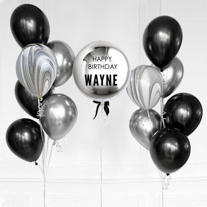 Shiny black and silver Customised Orbz Balloon with 2 Marble Chrome Latex Bouquets