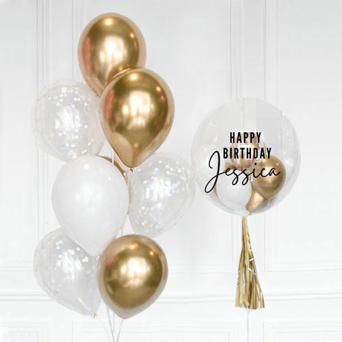 Gold Customized Balloon with matching balloon bouquet.