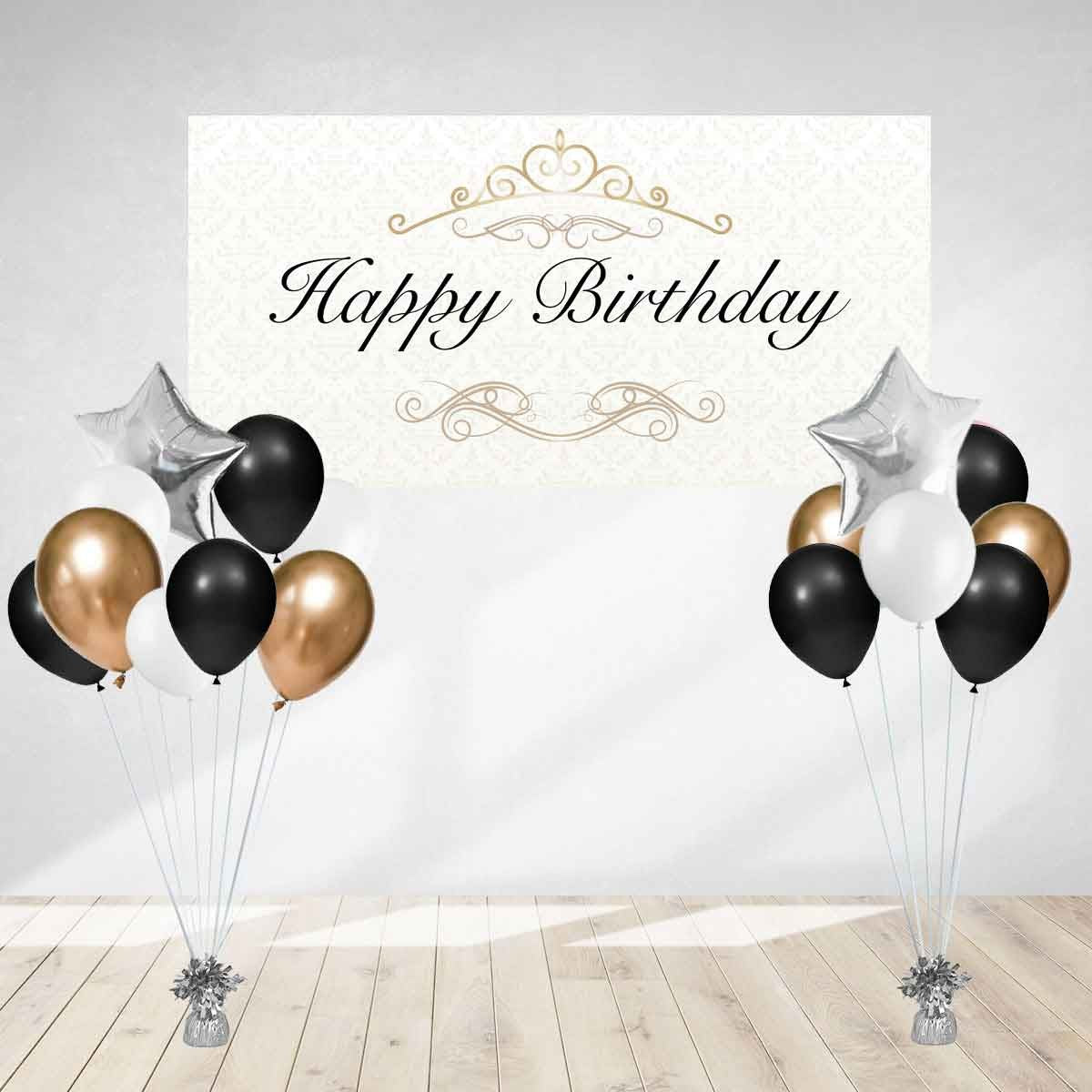 - Poster Banner Measuring 50.8cm x 101.6cm / 20" x 40" - 2 sets of balloon bouquets with matching colours. Each bouquet include 1 star foil balloon and 6 coloured latex helium balloons.