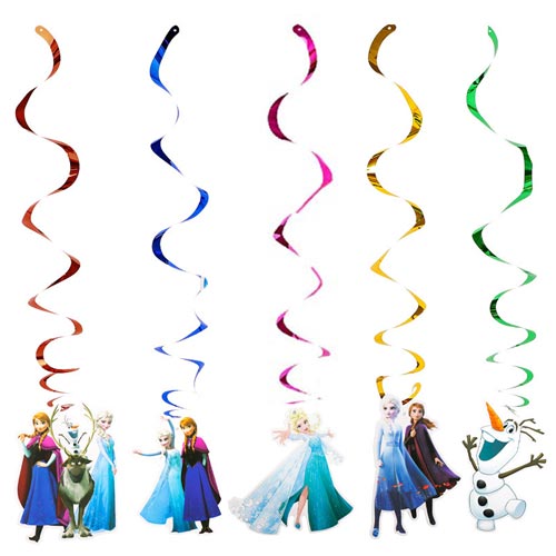 Hanging foil swirl decorations include: 6 swirls with Frozen characters cutouts