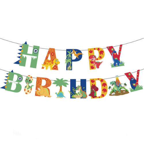 Vibrant and colourful Happy Birthday Banner for the dinosaur themed birthday party.