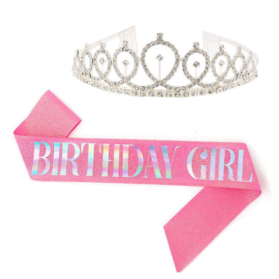 Pink Birthday Girl sash coupled with a birthday princess tiara.