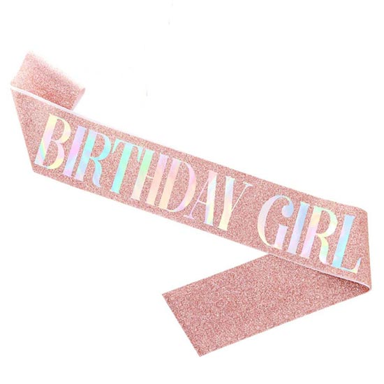 Glitter Rose Gold Birthday Girl Sash (Iridescent Wordings)