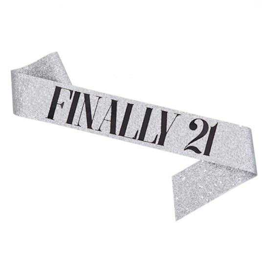 Glitter Silver Finally 21 Sash with Black wordings. Full length 1.5m x 9.5cm width - suitable for adult