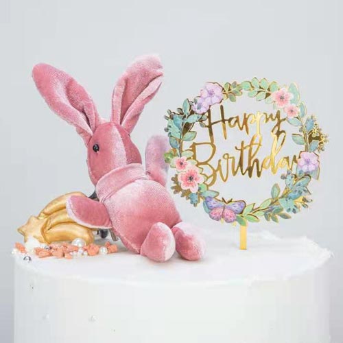 Gold Acrylic Bday Cake Topper with Pink Lilac Flowers