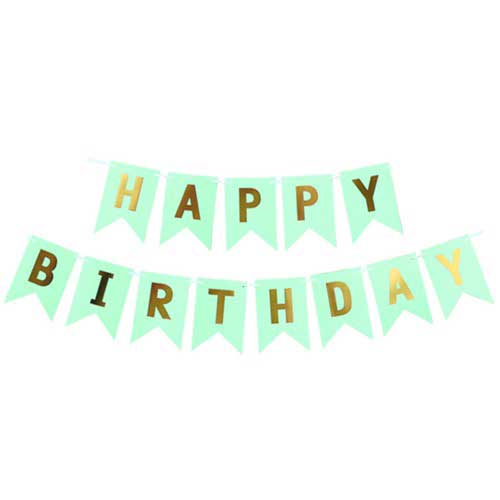 Green Fishtail Banner with gold foil "Happy Birthday" letters for birthday decoration setup.