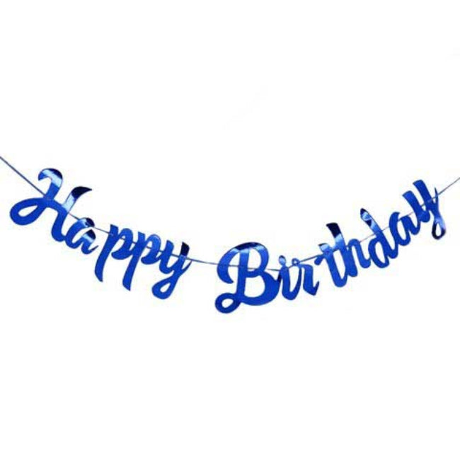 Shiny blue foil letter buntings in the form of "Happy Birthday" for decorating your birthday backdrop or dessert table setup.
