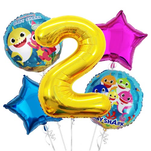 Includes a Jumbo Number Balloon, 2pcs of 18in matching Baby Shark Balloons & 2pcs of Star shaped Balloons.