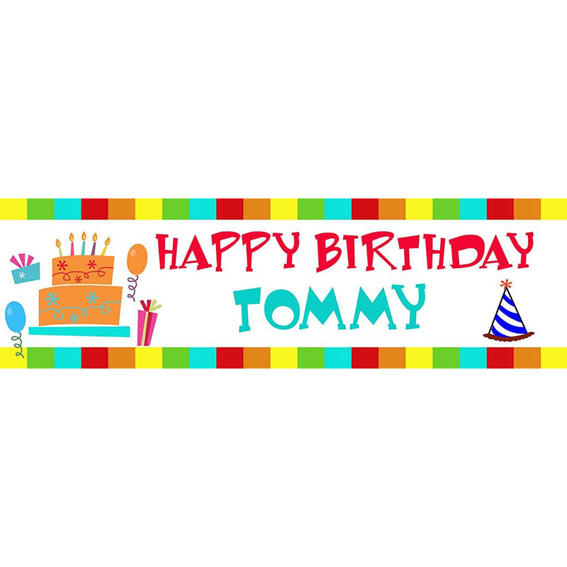 Colourful banner with cakes, hats, and balloons, to be personalised with the birthday star's name.