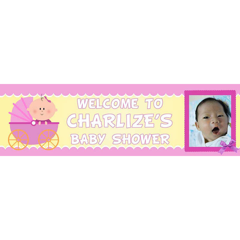 Pink border for the banner for the baby girl in the buggy customized with baby's photo and name.