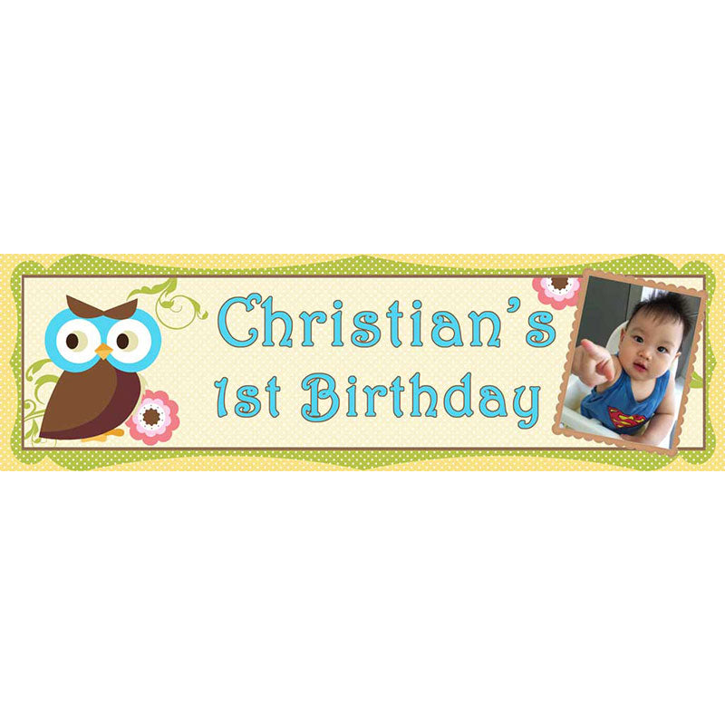 Blue owl for baby boy or boy 1st birthday party, Display the child's photo for enhanced effect.
