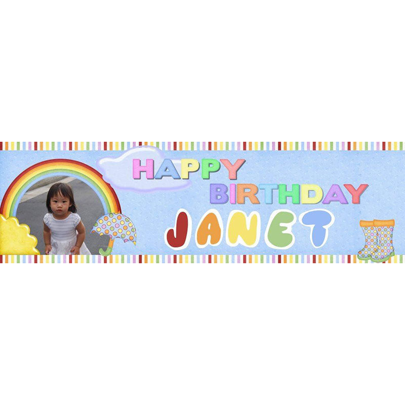 Colourful rainbow themed banner customized printing to feature the birthday girl's or boy's name and photo.