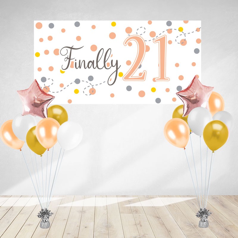 Rose Gold Finally 21 Birthday Banner & Balloon Bundle
