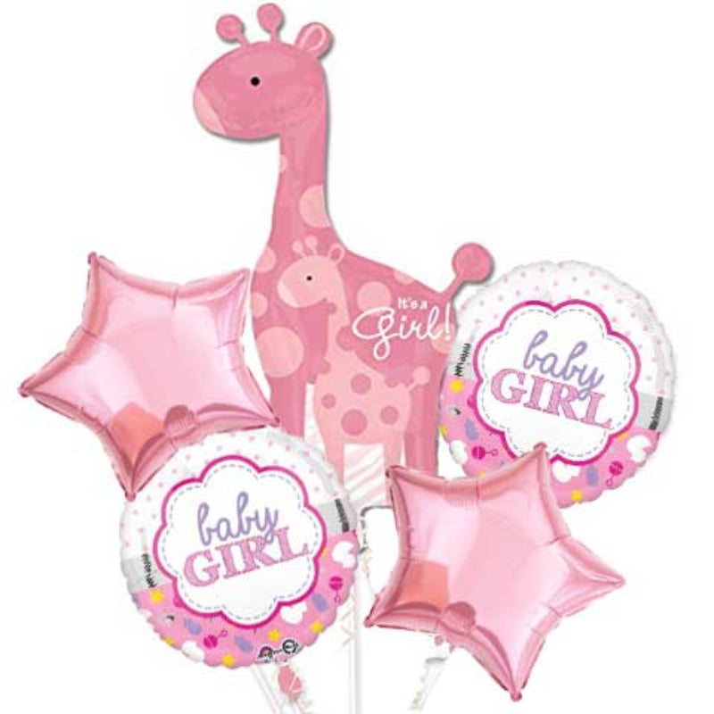 A balloon bouquet featuring a pink giraffe, two round balloons with 'BABY GIRL' text, and two star-shaped balloons.