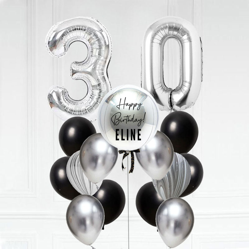 Celebrating 30th birthday in style. Customised Orbz & Jumbo Number Chrome Marbled Latex Balloon Bouquet for 25th birthday celebration.