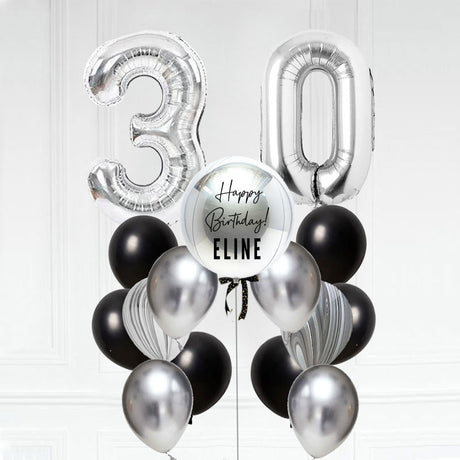 Celebrating 30th birthday in style. Customised Orbz & Jumbo Number Chrome Marbled Latex Balloon Bouquet for 25th birthday celebration.