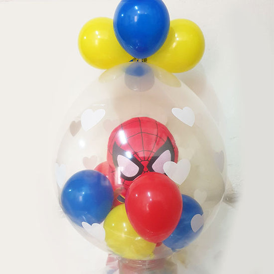Cool Spiderman from Endgame, wrapped into a latex balloons filled with hearts for the special get well soon gift.