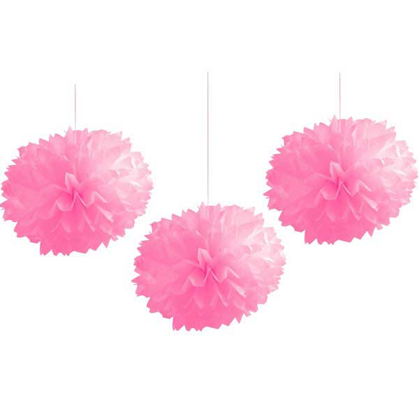 Pink fluffy pom pom tissue ball Decor for the birthday decoration setup.