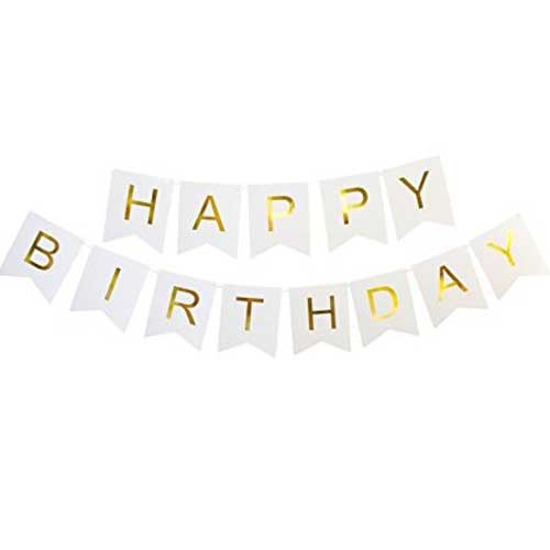 White Fishtail Banner printed with gold foil "Happy Birthday" letters for birthday decoration setup.
