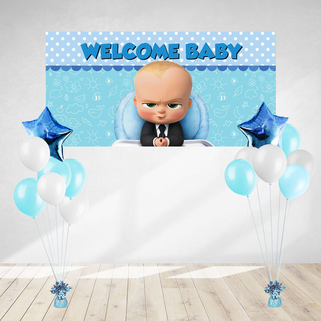 Welcome the Boss Baby arrival to the family with banner and balloons.