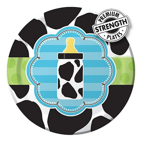 Moo-ve on up to the lunch table and use these cute lunch-sized plates. Perfect for appetizers, finger sandwiches, or desserts, the Baby Cow Print- Boy 7" Lunch Plates feature a bright blue striped center medallion with an adorable cow print baby bottle.
