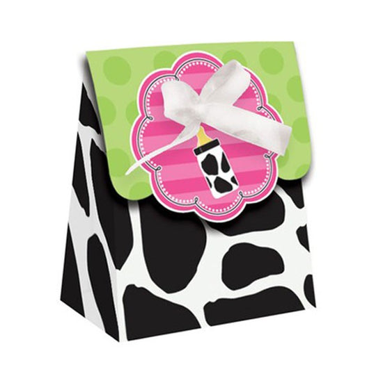 Give your guests a little sweet treat to graze on after your Baby Cow Print theme baby shower. The Baby Cow Print Girl Die-cut Favor Bag with Ribbon has a bold black and white cow print design on the favor bag with a fold over top featuring green polka dot.