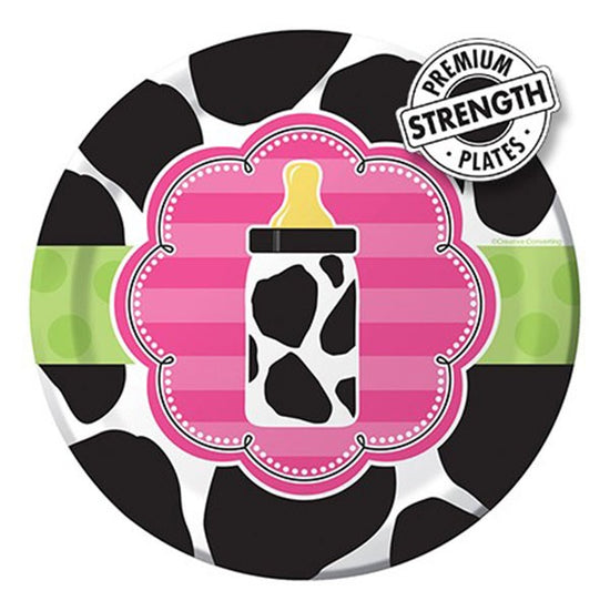 Moo-ve on up to the lunch table and use these cute lunch-sized plates. Perfect for appetizers, finger sandwiches, or desserts, the Baby Cow Print Girl 7" Lunch Plates feature a bright pink striped center medallion with an adorable cow print baby bottle.