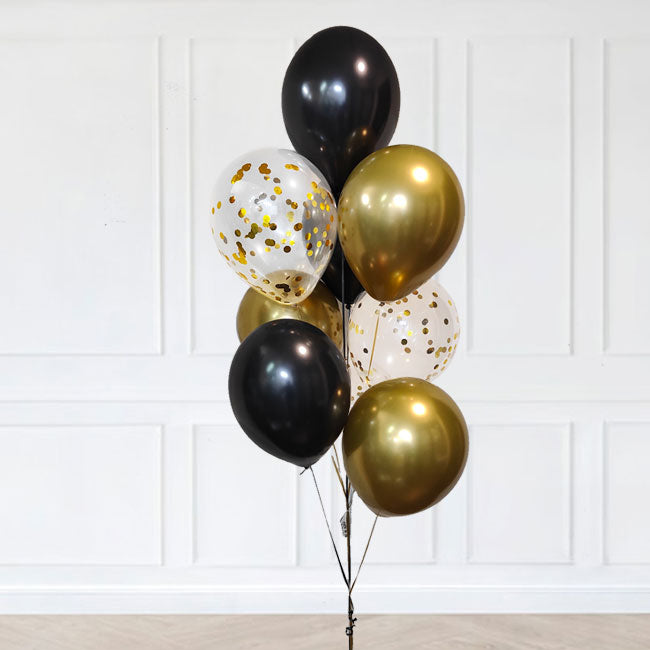 Black Gold Chrome and Confetti Balloon Bouquet.