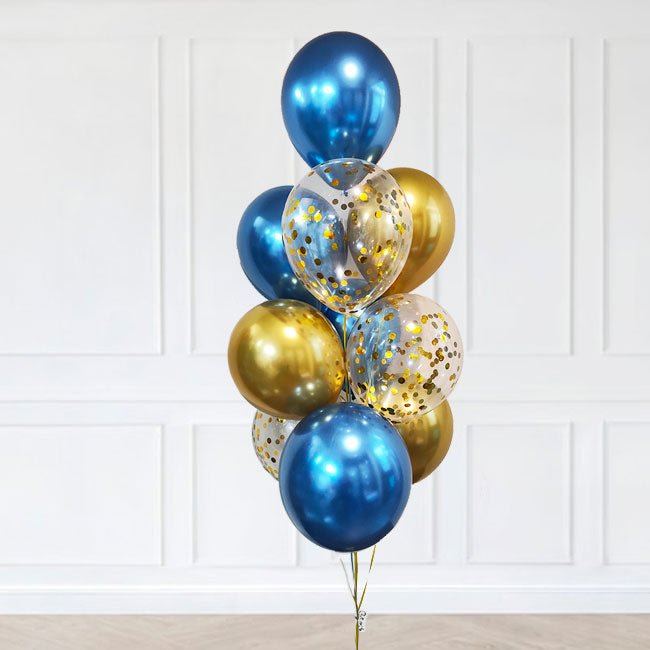 Blue Gold Chrome and Confetti Balloon Bouquet.