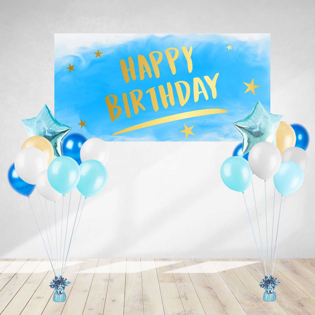 Blue and gold pastel design poster banner with balloon bouquet set up for decoration of the 30th birthday party.