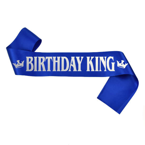 Blue Birthday King Sash with stylish silver shimmering words.