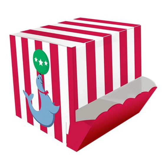Treat your guests with the Circus Time! Candy Dispenser Treat Box in bold red and white big top style stripes with a playful seal in a red bow tie balancing a green ball on his nose.