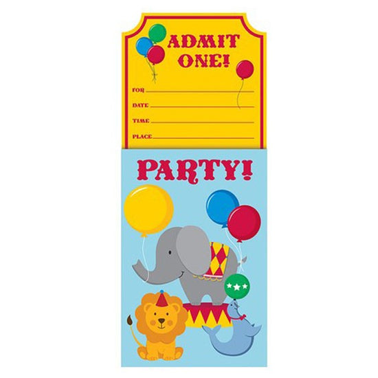 Vertical Pop-Up Invitations feature a light blue ticket holder with a playful circus elephant, seal, lion, balloons and the word "Party!" A yellow ticket pop-ups up reading "Admit One" with four colorful balloons and has pre-printed lines ready for you to fill in all the details of your event. 