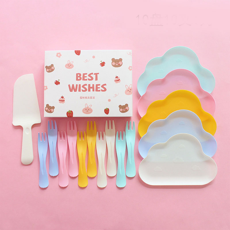 Pastel cloud shaped cake serving cake with forks. Make desserts even sweeter!