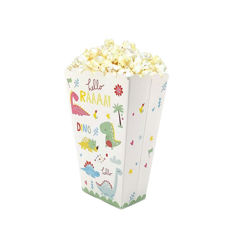 Delightful Cute Dino theme party supplies for your child's dinosaur first birthday party or a dino baby shower Pack sweet yummy popcorn for your guests in these matching cute dino popcorn boxes.