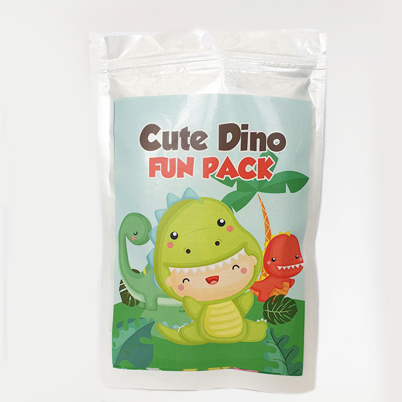 Cute Dinosaur Fun Pack for a Jurassic Dino themed party. Goody Bags with games, stickers and colouring - A perfect favour gift pack to mark the fun and interesting Birthday Party.