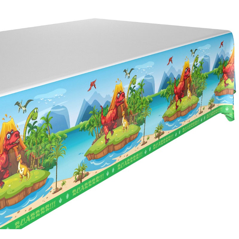Get this coloured DinoLand dinosaur table cover to decorate your cake table 