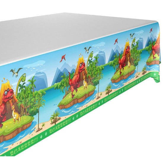 Get this coloured DinoLand dinosaur table cover to decorate your cake table 