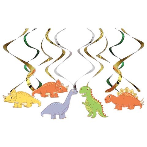 Dinosaur Party Swirl Decorations. Includes 6 pcs of hanging foil swirl decorations.