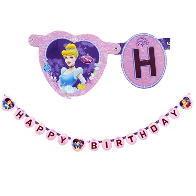 Happy Birthday Banner that features the Disney Princesses Cinderella, Aurora and Snow White.