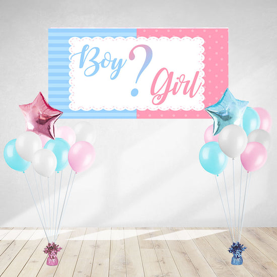Gender Reveal Banner with pink and blue balloons for great fun.
