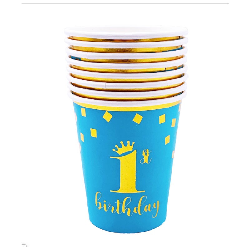 Celebrating the 1st birthday the way a prince or princess does it... Golden 1st birthday celebration for the birthday star 9-ounce Gold 1st Birthday hot/cold cups are sold in quantities of 8 per pack.