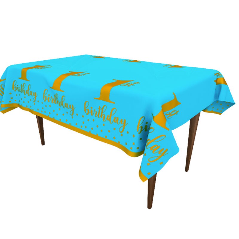 Blue Plastic Table Cover with a golden 1st Birthday