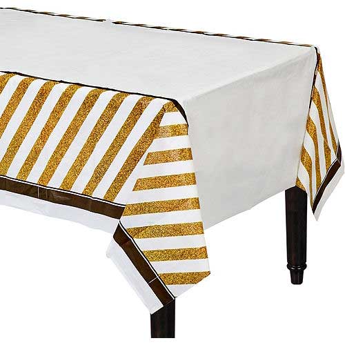 Decorate your tabletops with our Black & Gold Striped Rectangle Plastic Table Cover! Each tablecover features a black border with gold and white stripes while the center design is solid white. Made of thin reusable plastic. Great for Birthday, Baby Shower, Full Month Celebration, Retirement Party, Engagement etc