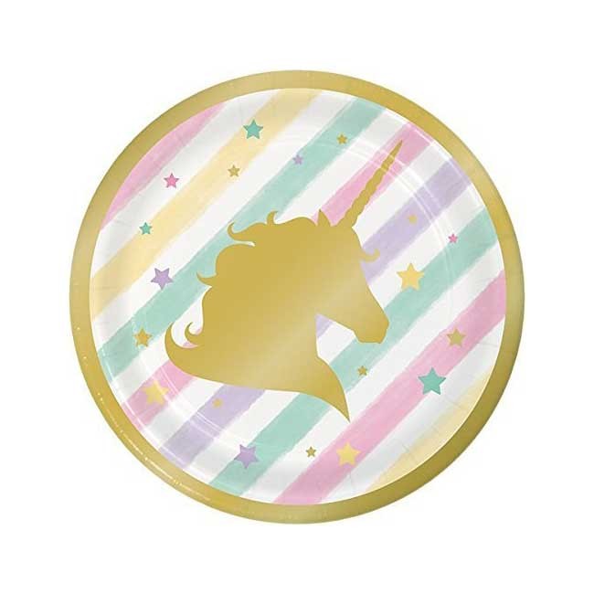Lovely rainbow coloured party plate featuring the golden silhouette of a magical unicorn. Plan a magical Unicorn party make your child's birthday a special and unforgetable one.  Have a colourful unicorn birthday party!