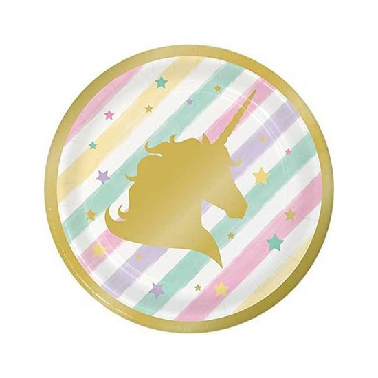 Lovely rainbow coloured party plate featuring the golden silhouette of a magical unicorn. Plan a magical Unicorn party make your child's birthday a special and unforgetable one.  Have a colourful unicorn birthday party!